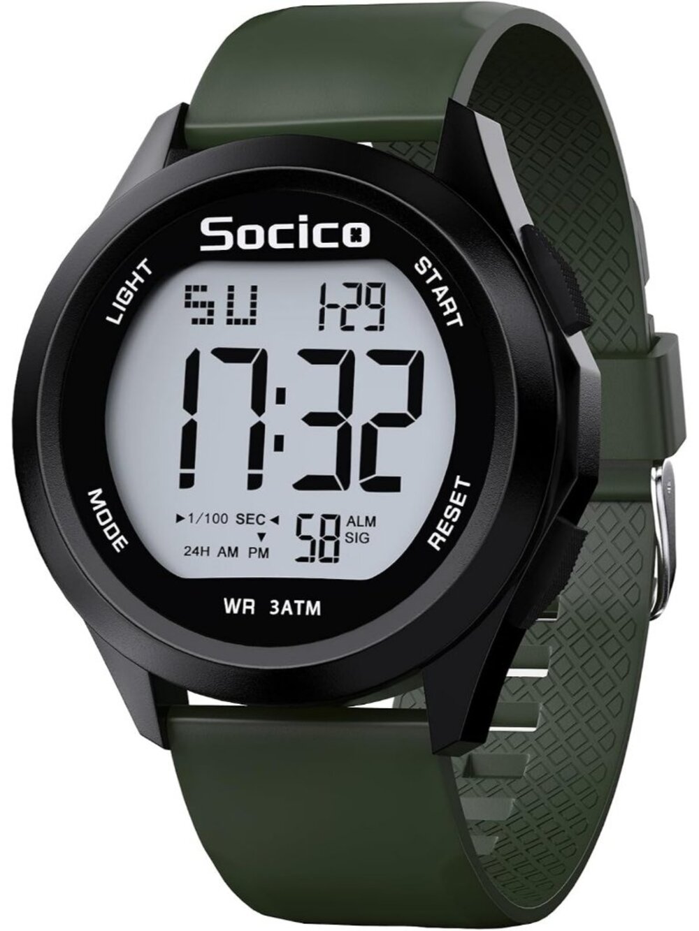 Men's Green Digital Waterproof LED Light Large Face Military Style Wrist Watch